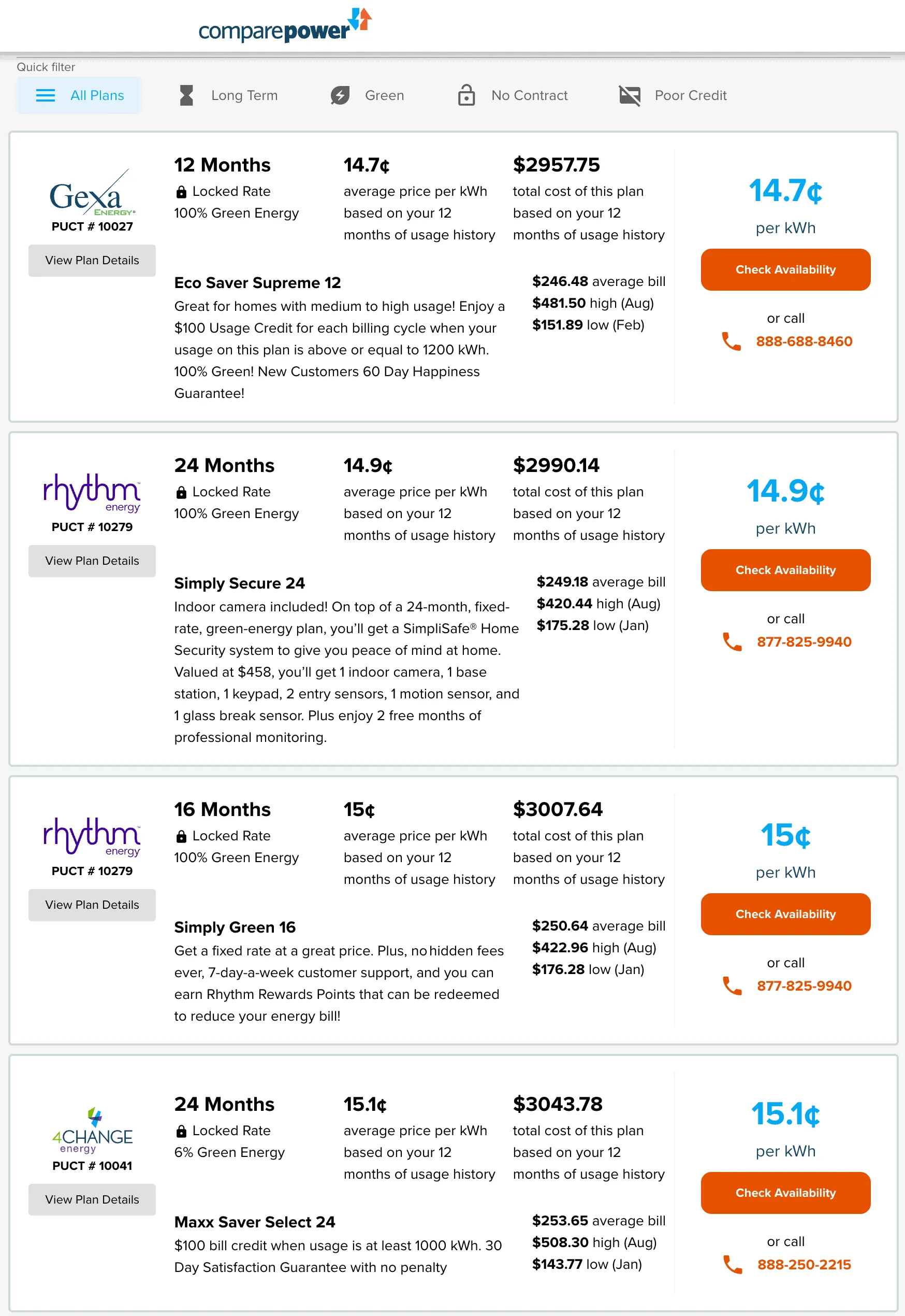 Electric Plans List Sort Low to High