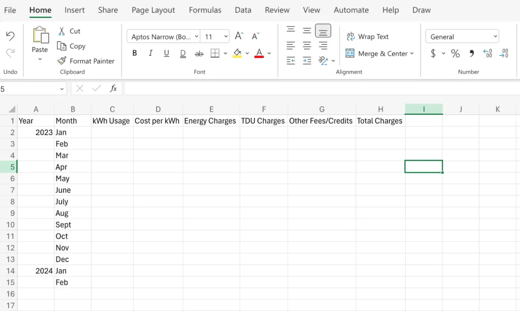 setting up an electricity bill audit on excel